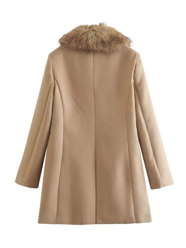 Ashore Shop Elegant Wool Coats Women's Woolen Coat Fur Collar Slim Single Breasted Midi Length Coats