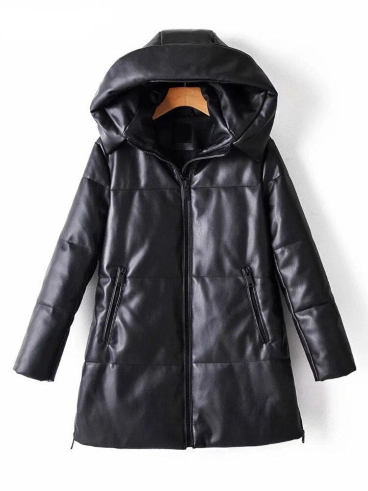 PU Leather Brief Warm Coat Parkas New Hooded Long Sleeve thickened Parka