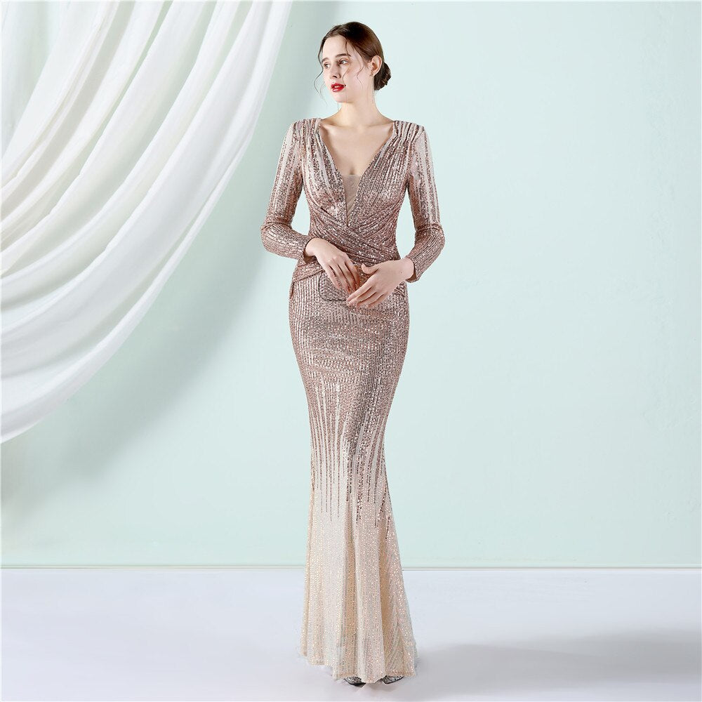 2023 New Elegant Full Sleeves Sequin Evening Dress Long Mermaid Deep V Neck Formal Party Dress for Women Evening Gown