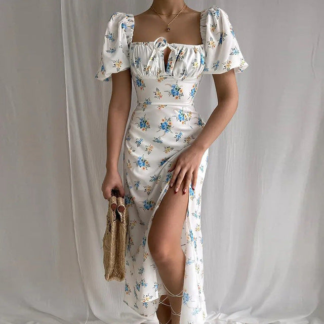 Dress Women Summer Floral Off Shoulder Puff Sleeve Maxi Dress Famale Robe Sexy Lace Up Side Split Chic Mid-Calf Aesthetic Dress