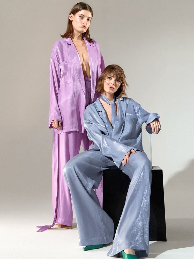 2022 Trendy Oversized Matching 2pc Sets Elegant Blue Satin Pants Suit