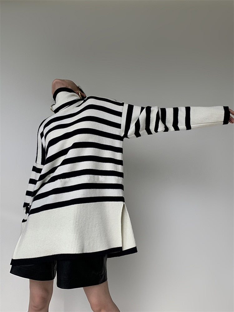 ASHORE Sweater Shop: 2023 New Knitted Sweater For Women Striped Turtleneck Knitwear Sweater Long 