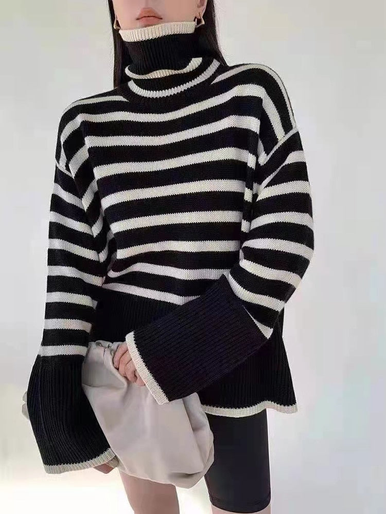 ASHORE Sweater Shop: 2023 New Knitted Sweater For Women Striped Turtleneck Knitwear Sweater Long 