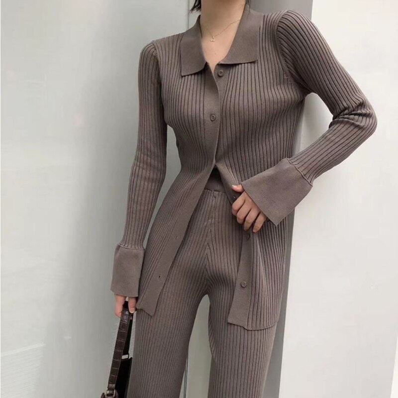 Womens Knitted Sweater Sets Long Sleeve Cardigans And Elastic Waist Flare Pants Suit Slim Female Outfit