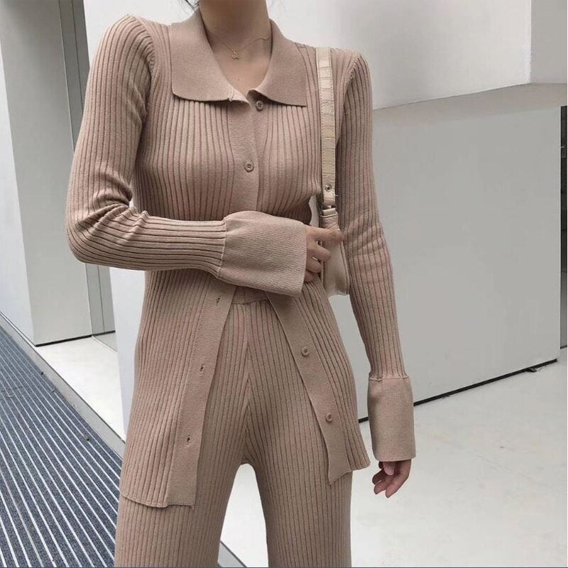 Womens Knitted Sweater Sets Long Sleeve Cardigans And Elastic Waist Flare Pants Suit Slim Female Outfit