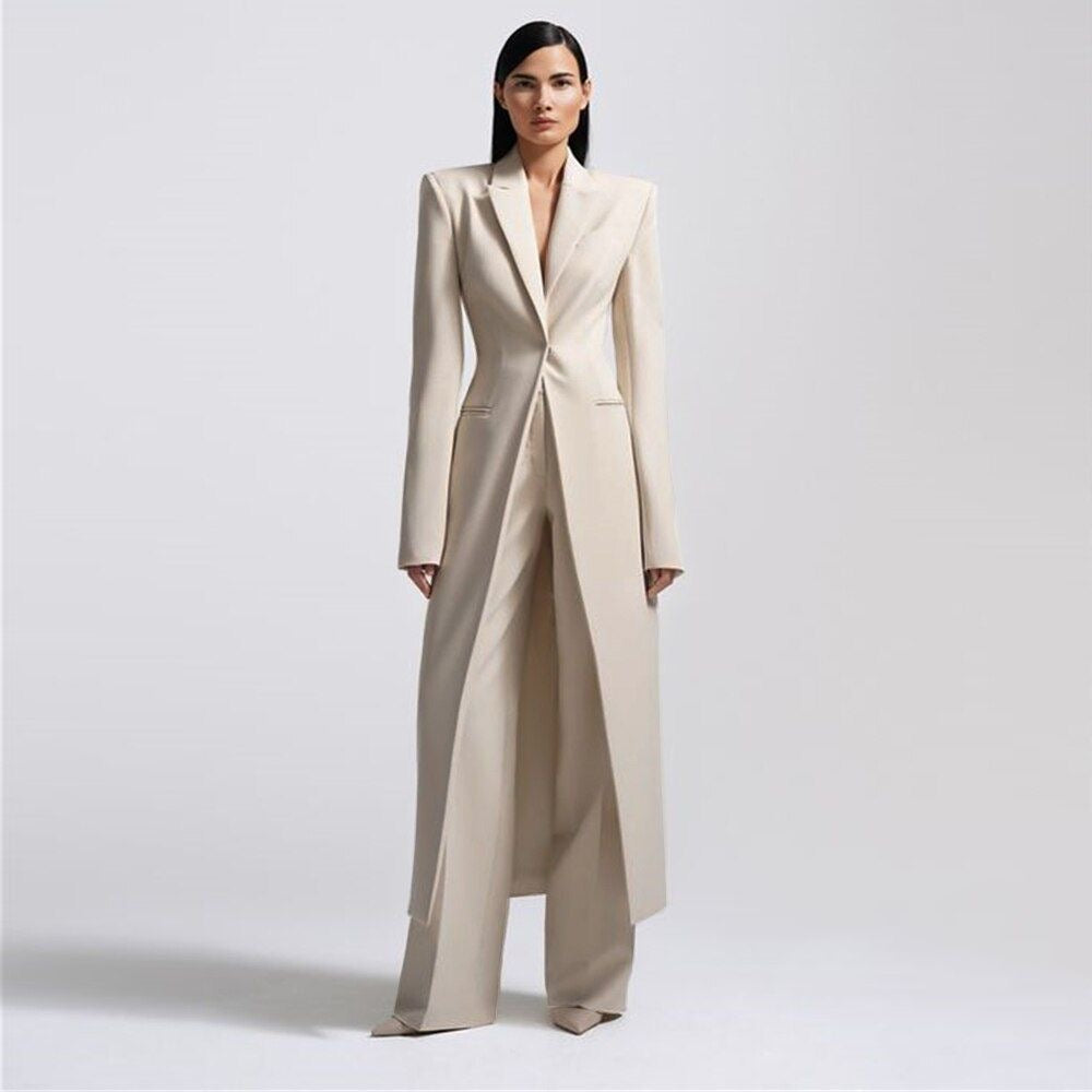 New Women's Two-Piece Set Elegant Party Suit Long Coat + Straight Pants