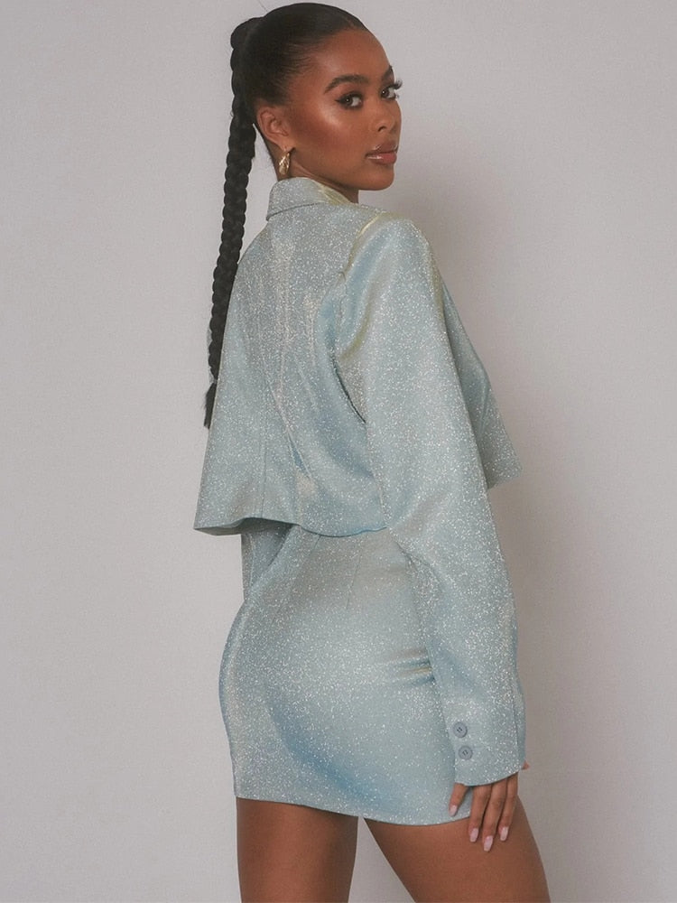 ASHORE SHOP Glitter Skirt Sets Women Blazer Suits Double Layer Elegant Two Piece Sets