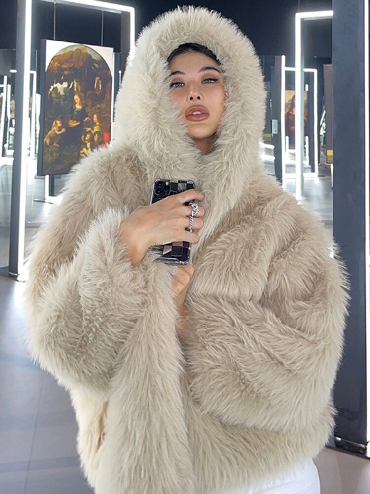 Ashore Shop: Hoody Teddy Coat&nbsp;Warm Faux Fur Loose Hooded Mid-Length Fur Coats Women 2022 Winter