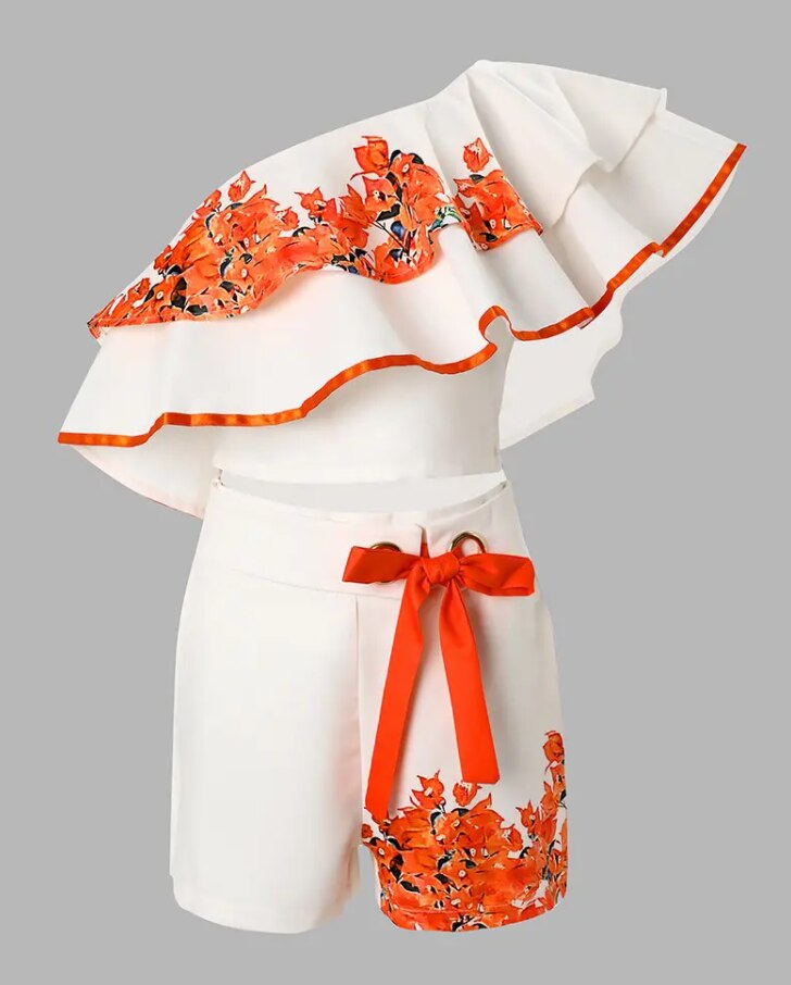 Ashore Shop Floral Print One Shoulder Ruffle Hem Crop Top & Shorts Set