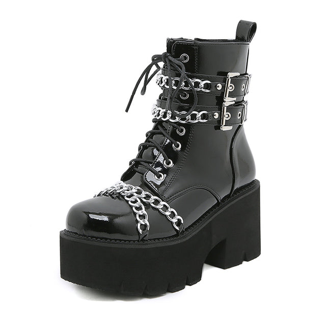 Punk Biker Shoes Boots Black Dark Cool Thick Platform Motorcycle Boots for Women