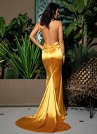 AshoreShop Gold Satin Luxury Long Evening Dress Split Leg Low Cut Sleeveless Gown