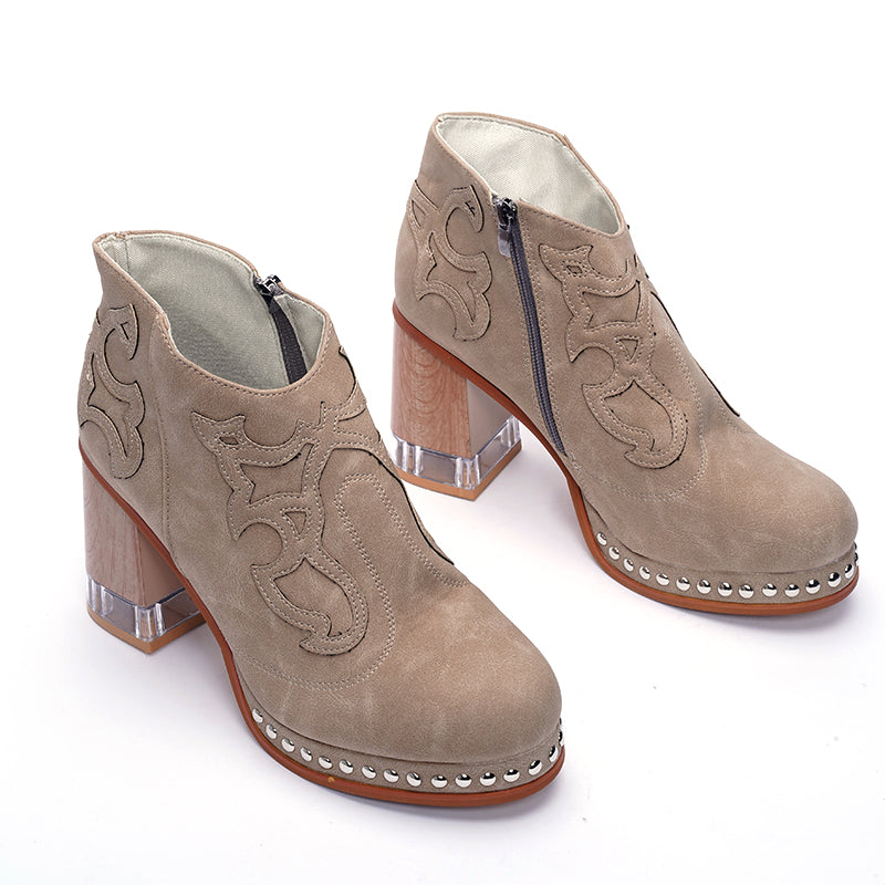 2023 Womens Comfortable Square Heel and Pointy Toe Engrave Embroidery Ankle Boots