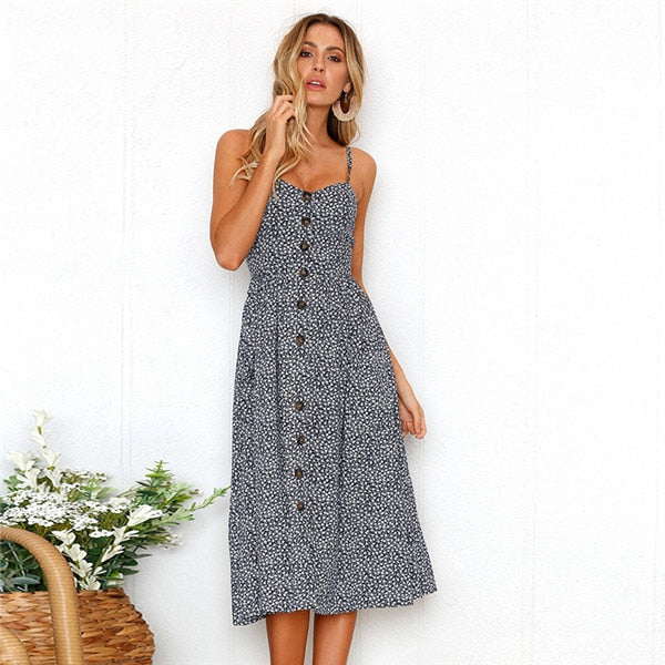 Boho Sexy Floral Dress Summer Vintage Casual Sundress Female Beach Dress Midi Button Backless