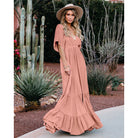 Boho Summer Dresses V-Neck Short-Sleeved Solid Color Long Dress