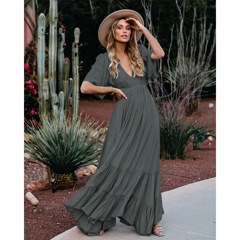 Boho Summer Dresses V-Neck Short-Sleeved Solid Color Long Dress