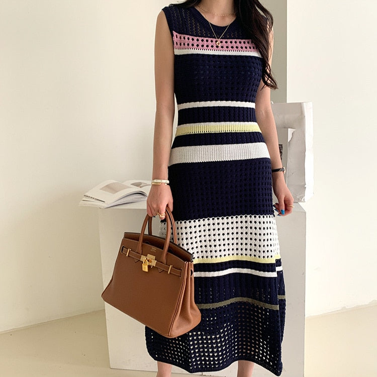 New Summer Fashion Hollow Out Knitted Dresses Women Sleeveless Striped Dresses