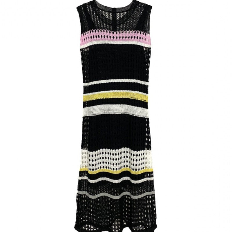 New Summer Fashion Hollow Out Knitted Dresses Women Sleeveless Striped Dresses