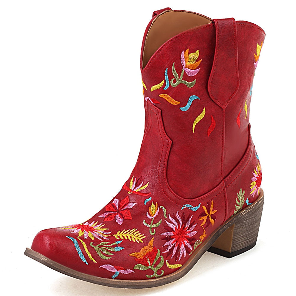 Embroidered Ankle Cowgirl  Boots Chunky Heels Pointed Toe Slip-On Floral Ankle Boots