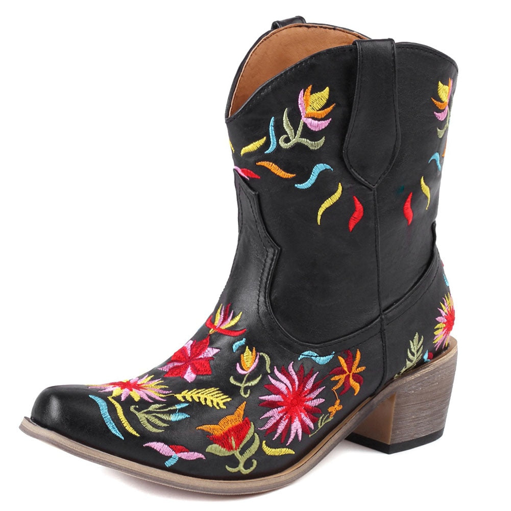 Embroidered Ankle Cowgirl  Boots Chunky Heels Pointed Toe Slip-On Floral Ankle Boots