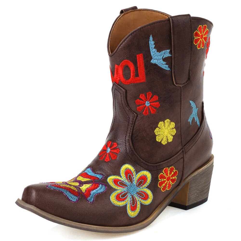 Embroidered Ankle Cowgirl  Boots Chunky Heels Pointed Toe Slip-On Floral Ankle Boots