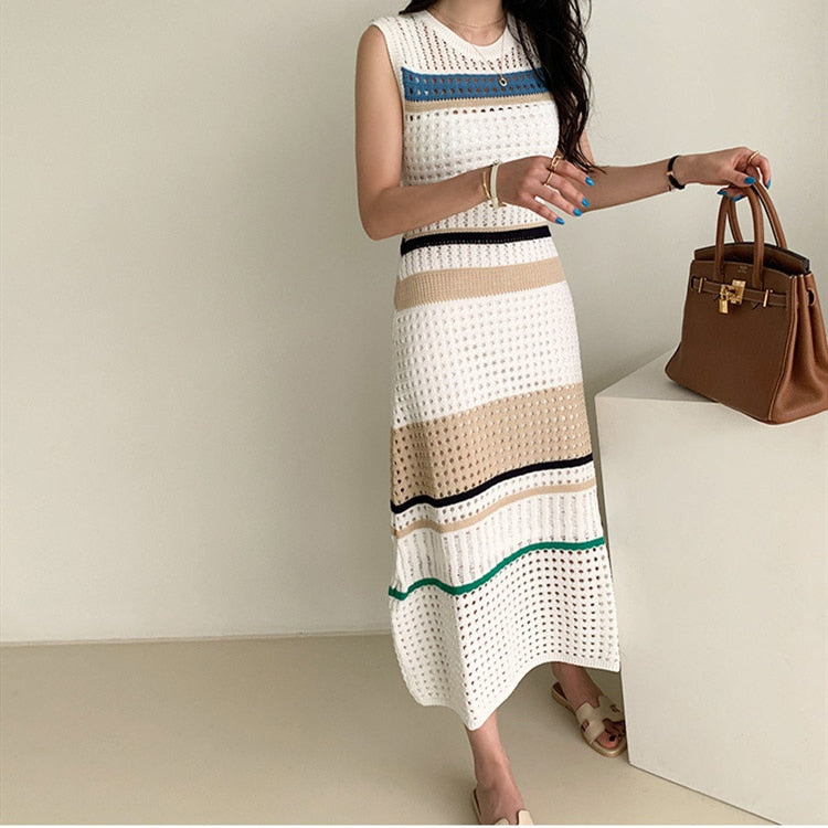 New Summer Fashion Hollow Out Knitted Dresses Women Sleeveless Striped Dresses