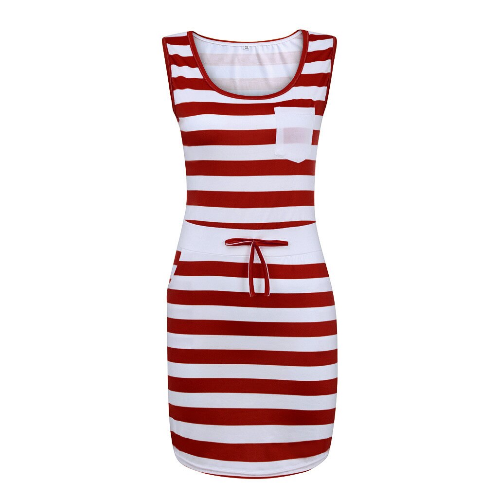 Summer Boating Style Dress Women Casual Sleeveless Stripe Plus Size T Shirt Dress