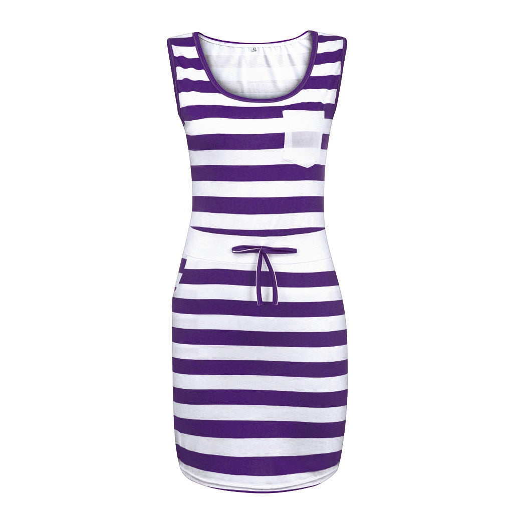 Summer Boating Style Dress Women Casual Sleeveless Stripe Plus Size T Shirt Dress