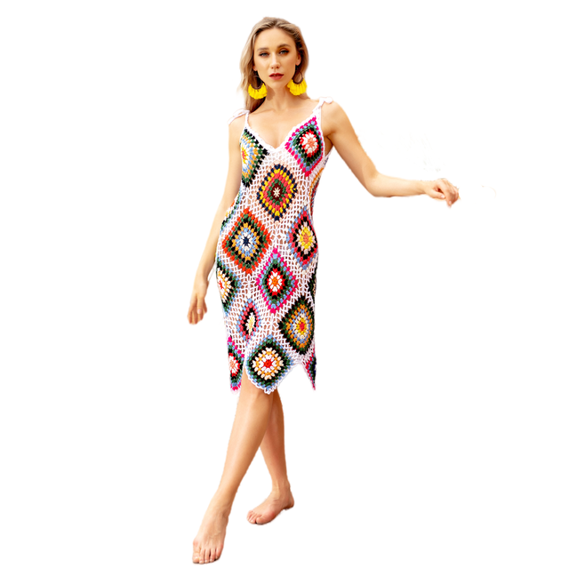 New Crochet Boho Multi Midi Beach Mini Dress Women Handmade Summer Sleeveless Hollow Out Swimwear Cover Up