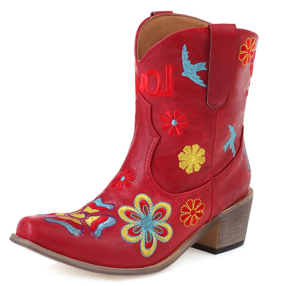 Embroidered Ankle Cowgirl  Boots Chunky Heels Pointed Toe Slip-On Floral Ankle Boots