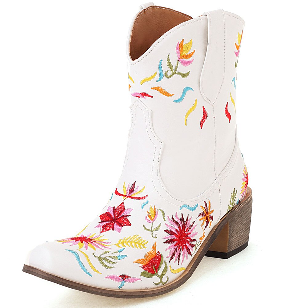 Embroidered Ankle Cowgirl  Boots Chunky Heels Pointed Toe Slip-On Floral Ankle Boots