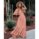 Boho Summer Dresses V-Neck Short-Sleeved Solid Color Long Dress