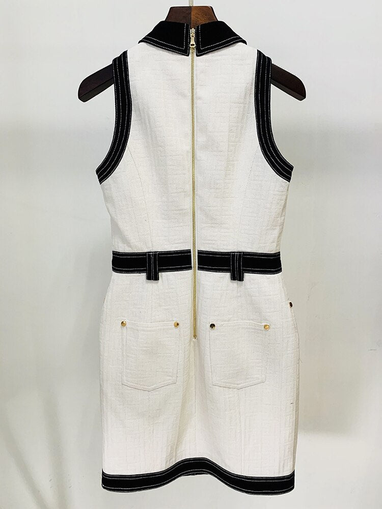 Spring 2023 Designer Women's Turn-down Collar Buttons Monogram Jacquard Sleeveless Sheath Dress