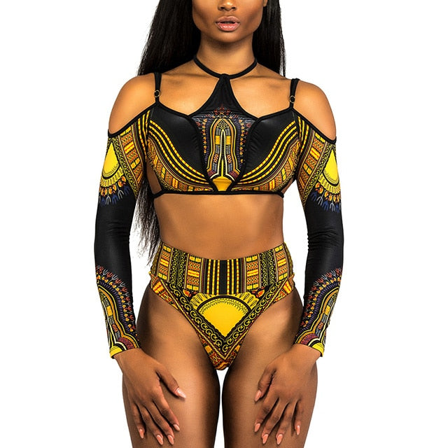 2023 African Dashiki Print One Piece Swimsuit Women High leg cut Swimwear