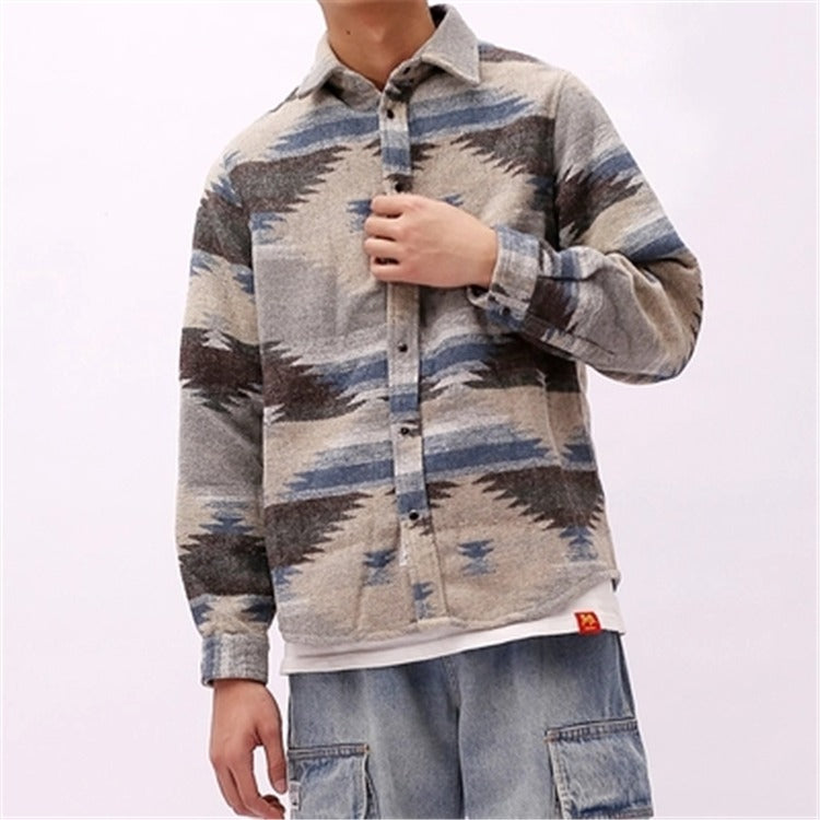 Men Folk Vintage Woolen Leisure Pattern dress casual Shirt