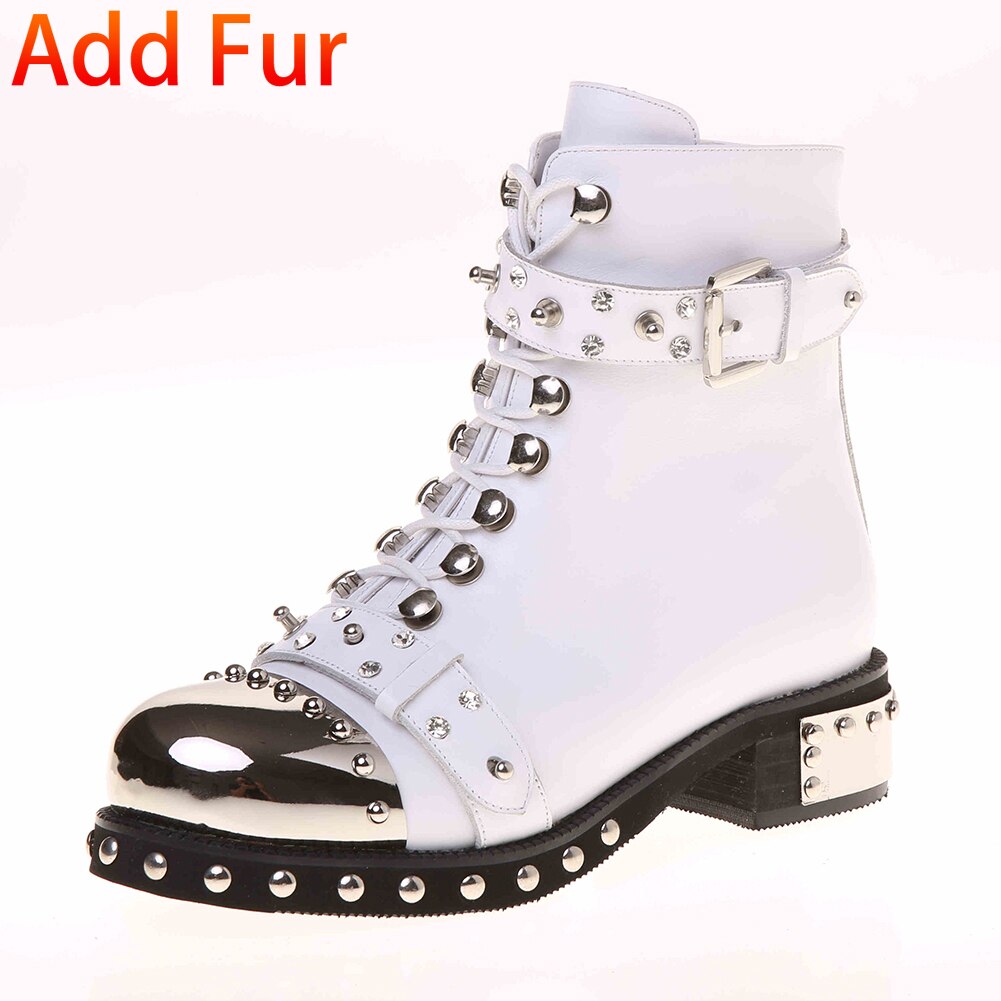 Genuine Leather Shoes Womens Biker Boots Metal Decoration Rivet Zip