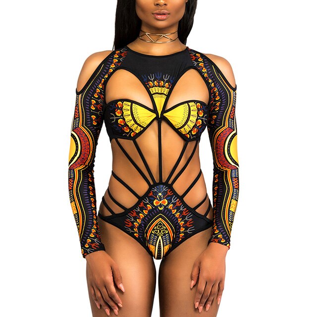 2023 African Dashiki Print One Piece Swimsuit Women High leg cut Swimwear