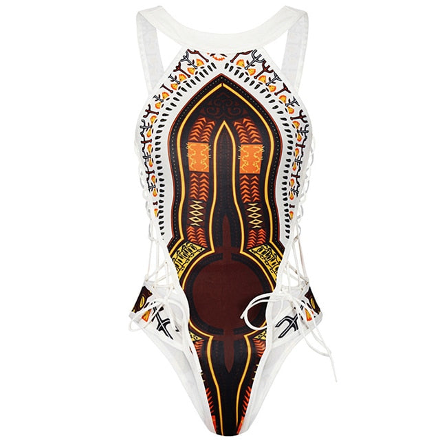 2023 African Dashiki Print One Piece Swimsuit Women High leg cut Swimwear