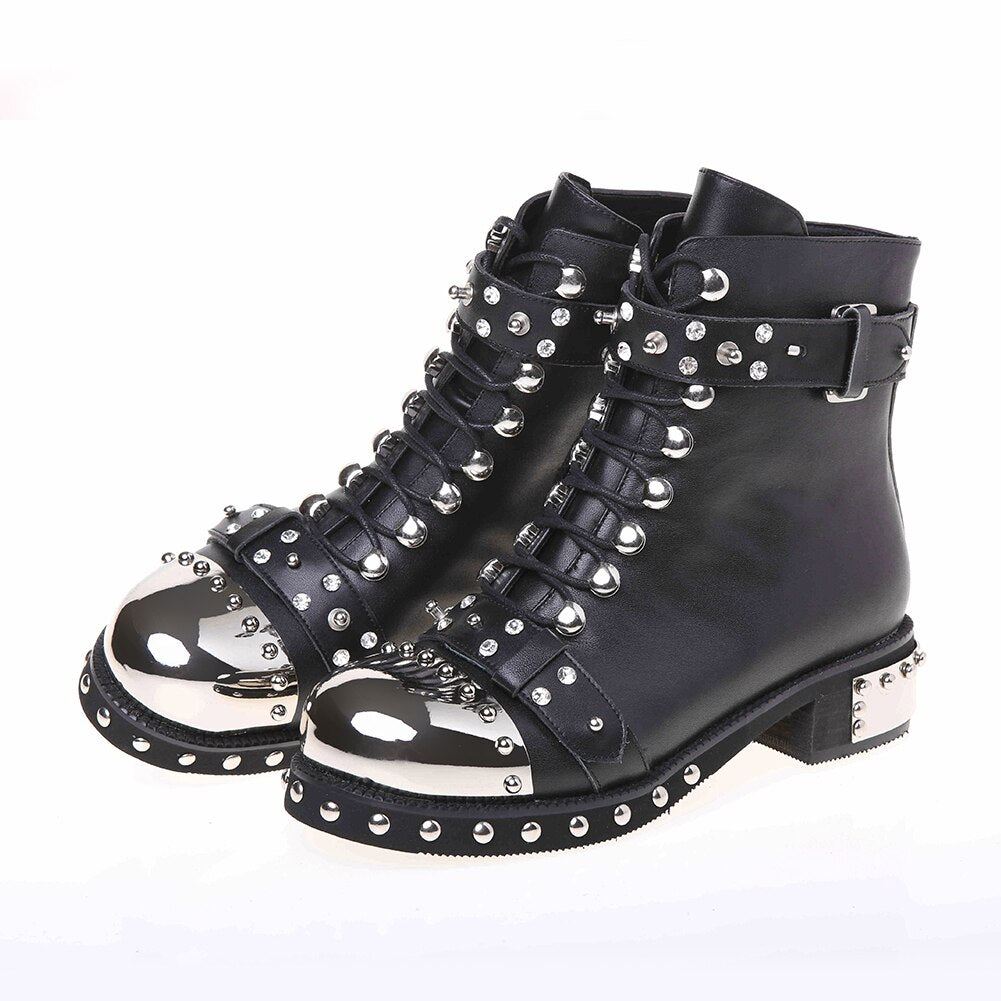 Genuine Leather Shoes Womens Biker Boots Metal Decoration Rivet Zip