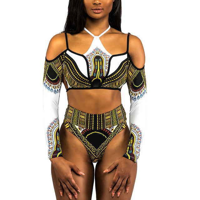 2023 African Dashiki Print One Piece Swimsuit Women High leg cut Swimwear