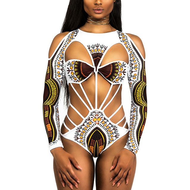 2023 African Dashiki Print One Piece Swimsuit Women High leg cut Swimwear