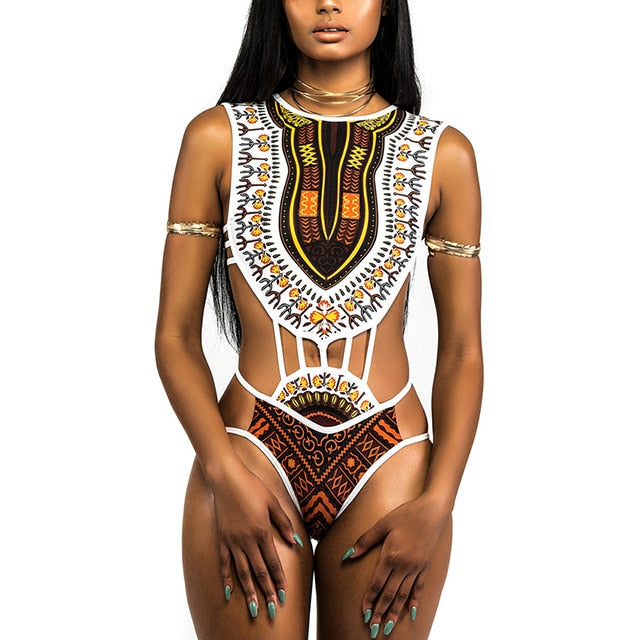 2023 African Dashiki Print One Piece Swimsuit Women High leg cut Swimwear