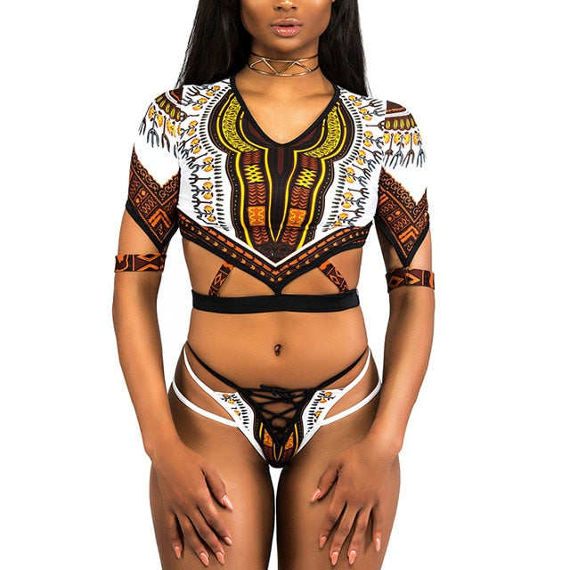 2023 African Dashiki Print One Piece Swimsuit Women High leg cut Swimwear