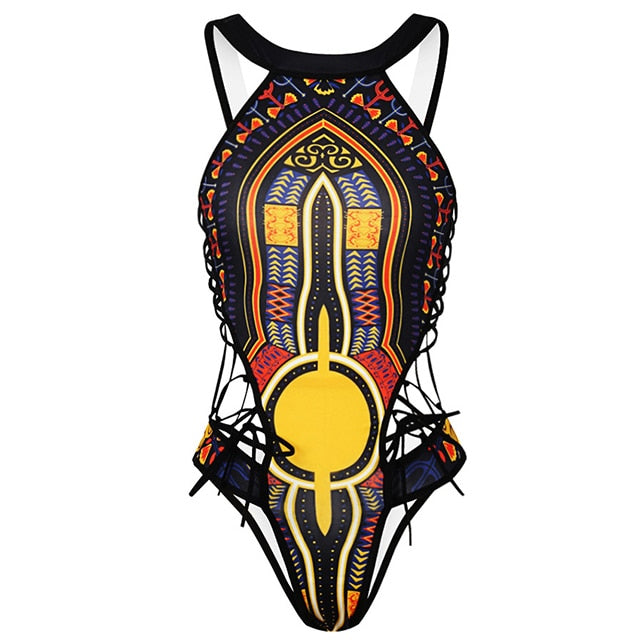 2023 African Dashiki Print One Piece Swimsuit Women High leg cut Swimwear