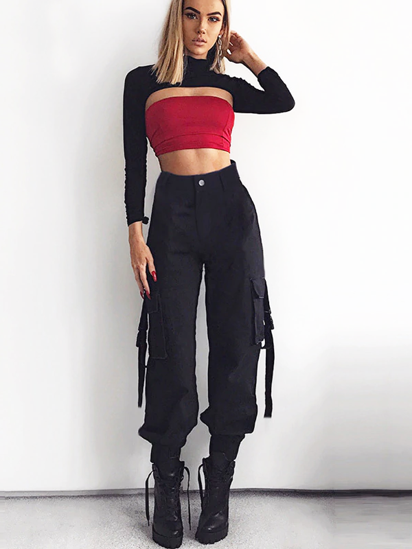 ASHORESHOP Women loose Cotton Pant Black High Waist Hip Cargo Pants