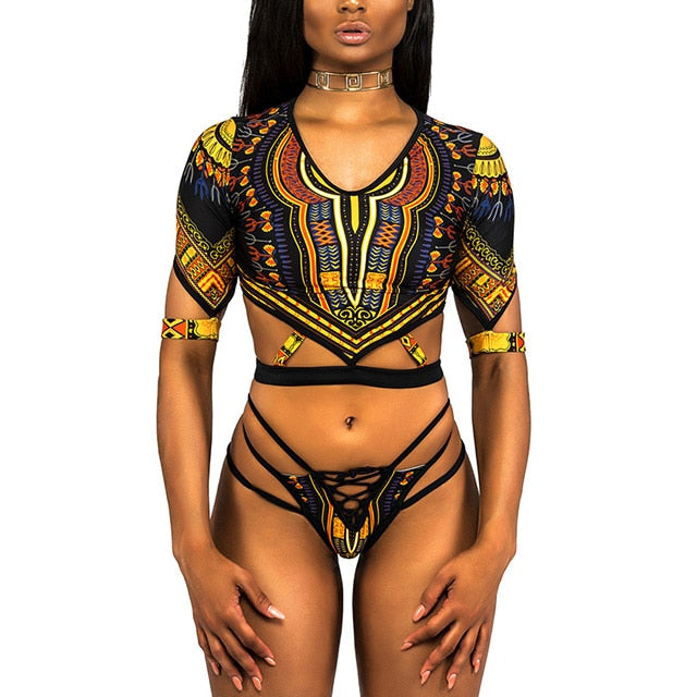 2023 African Dashiki Print One Piece Swimsuit Women High leg cut Swimwear