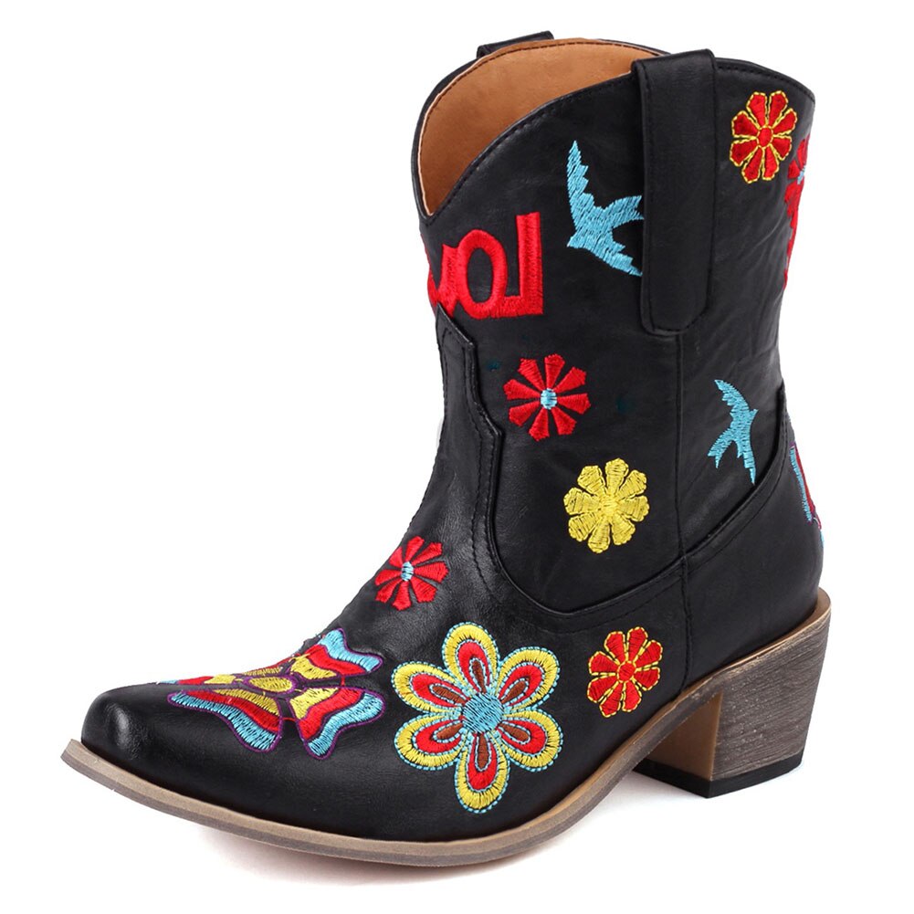 Embroidered Ankle Cowgirl  Boots Chunky Heels Pointed Toe Slip-On Floral Ankle Boots