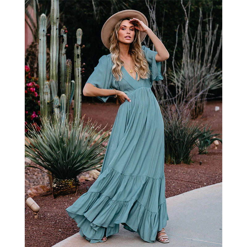 Boho Summer Dresses V-Neck Short-Sleeved Solid Color Long Dress