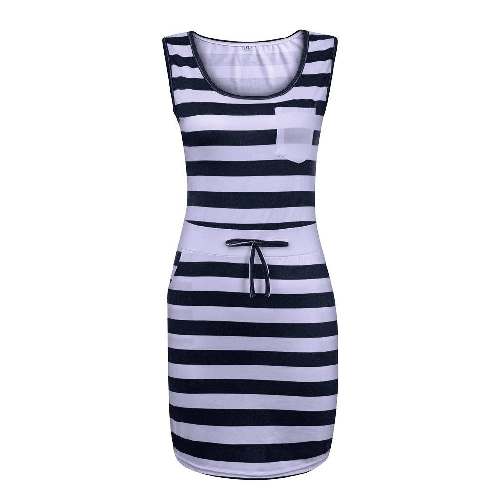 Summer Boating Style Dress Women Casual Sleeveless Stripe Plus Size T Shirt Dress