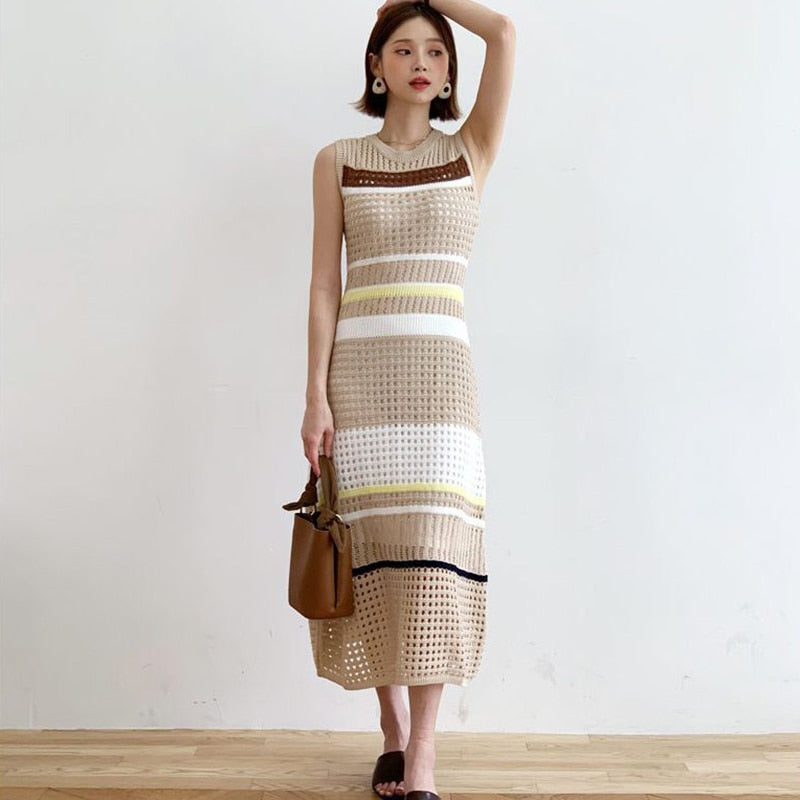 New Summer Fashion Hollow Out Knitted Dresses Women Sleeveless Striped Dresses