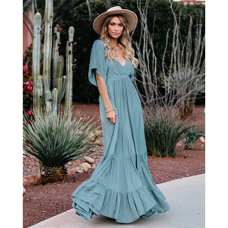 Boho Summer Dresses V-Neck Short-Sleeved Solid Color Long Dress